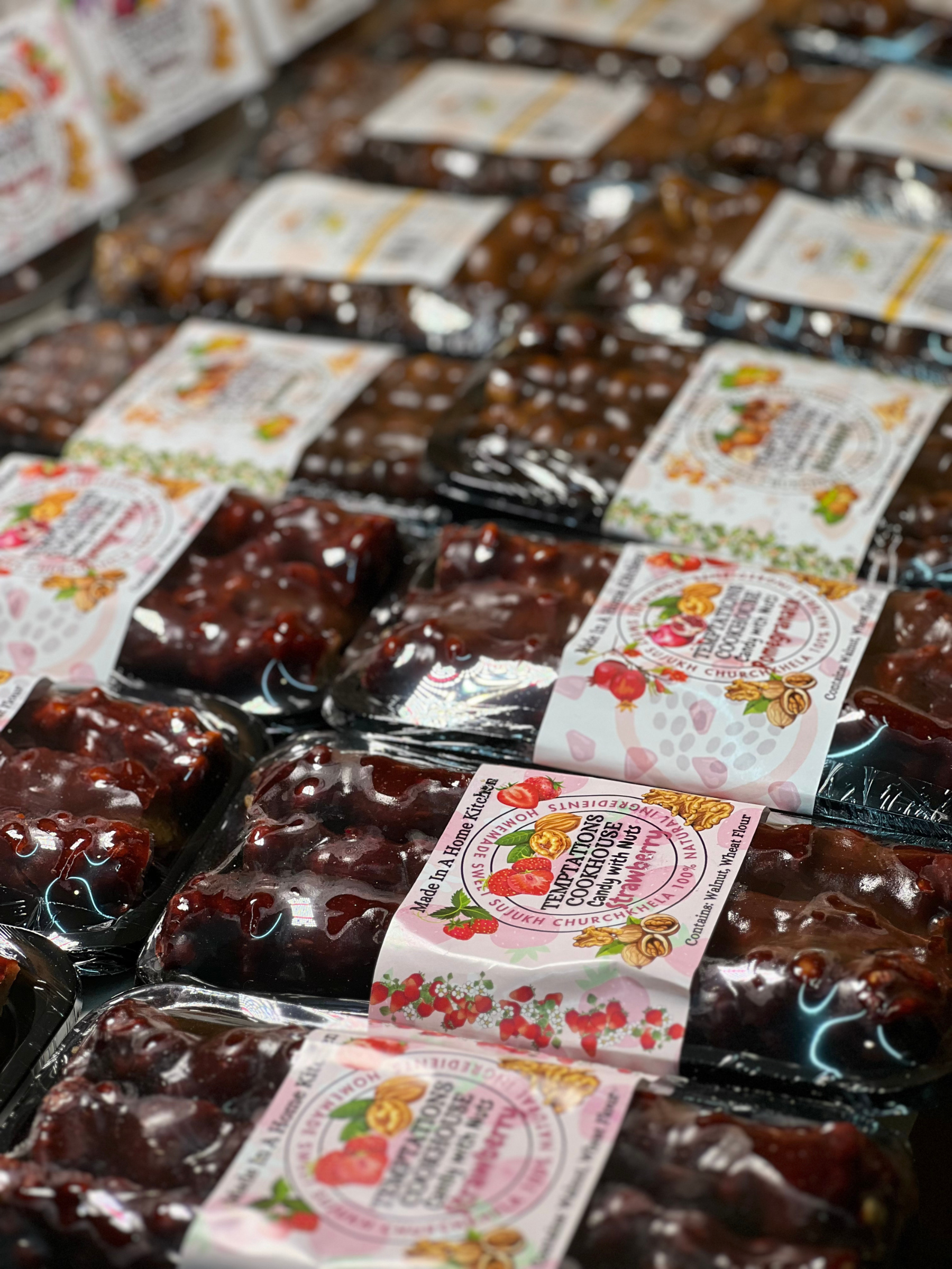 sweet sujukh, churchkhela, cevizli sucuk, sweet sujuk, candy with nuts, walnut, hazelnut, churchkhella No alt text