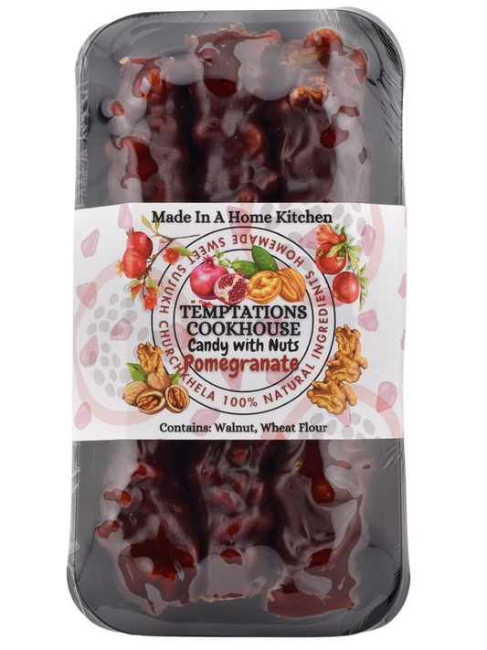 Pomegranate – Sweet & Sour Churchkhela Delight
This one’s got a twist! Our Pomegranate Sweet Sujukh puts a zingy spin on the classic Churchkhela with a tangy pomegranate molasses coating. Inside, you’ll still find the familiar crunch of premium walnuts, but each bite is brightened by the sweet-sour burst of real pomegranate.
💬 Think sour patch kids grew up, went natural, and traveled to the Caucasus.
A bold, fruity snack that wakes up your taste buds — and makes an amazing pairing with wine, tea, or