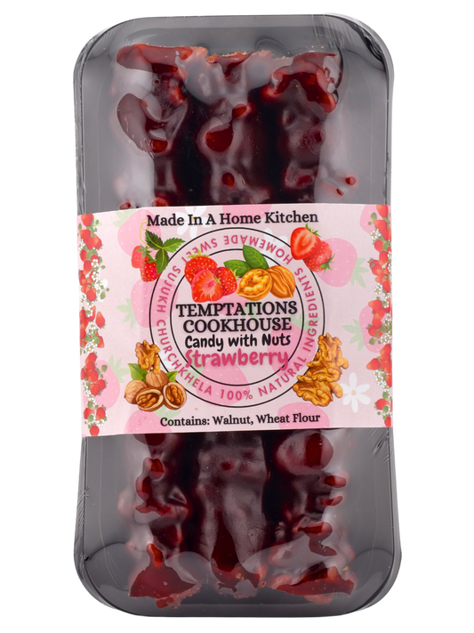 Strawberry – Sweet Sujukh with a Juicy Twist
This one’s for the fruit lovers and the curious snackers alike. Our Strawberry Sweet Sujukh features whole dried strawberry pieces hand-strung with walnuts, dipped in grape molasses and a touch of strawberry syrup for an extra juicy finish.
It’s chewy, fruity, and slightly tangy — like a fruit roll-up, but with centuries of tradition behind it.
💬 Imagine strawberry jam, trail mix, and Churchkhela had a beautiful love child.
Perfect for dessert platters, midd
