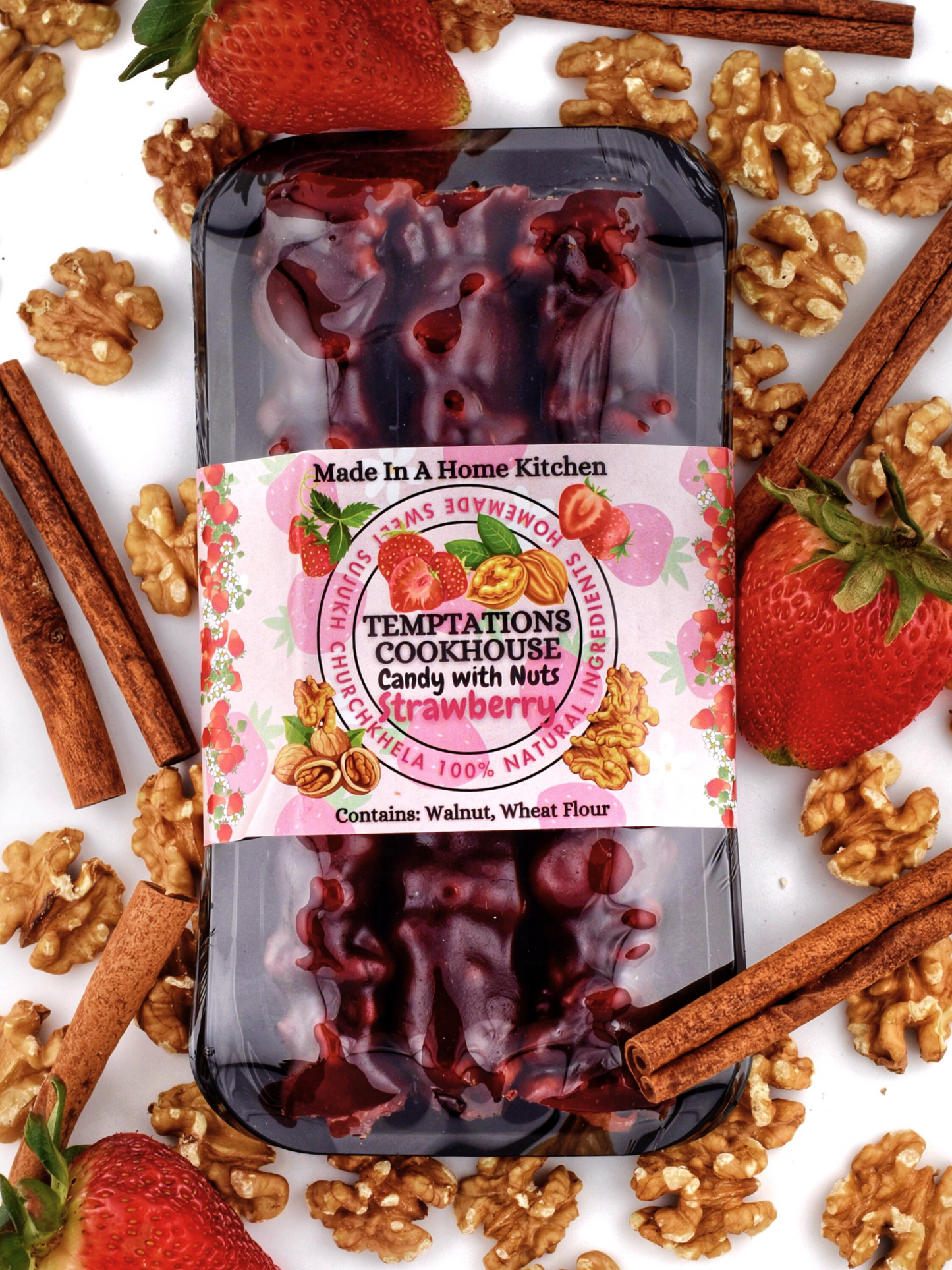 Strawberry – Sweet Sujukh with a Juicy Twist

This one’s for the fruit lovers and the curious snackers alike. Our Strawberry Sweet Sujukh features whole dried strawberry pieces hand-strung with walnuts, dipped in grape molasses and a touch of strawberry syrup for an extra juicy finish.

It’s chewy, fruity, and slightly tangy — like a fruit roll-up, but with centuries of tradition behind it.

💬 Imagine strawberry jam, trail mix, and Churchkhela had a beautiful love child.

Perfect for dessert platters, midd